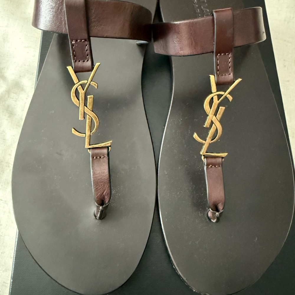 Saint Laurent Brown and Gold Sandals T-Bar Design